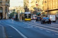 Yellow tram drives along a street. The Berlin tramway German: StraÃÅ¸enbahn Berlin is the main